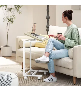 Mesa Auxiliar con Ruedas Altura Ajustable Superficie Inclinable y Marco de Metal 55x36x62,5-82,5 cm Roble