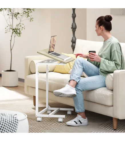 Mesa Auxiliar con Ruedas Altura Ajustable Superficie Inclinable y Marco de Metal 55x36x62,5-82,5 cm Roble