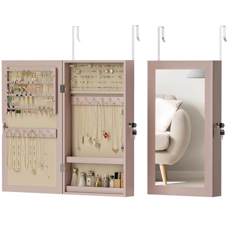 Espejo Joyero de Pared con Cerradura y Varios Compartimentos Montar en Pared o Puerta Rosa y Forro Beige
