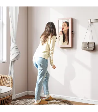 Espejo Joyero de Pared con Cerradura y Varios Compartimentos Montar en Pared o Puerta Rosa y Forro Beige