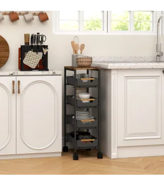 Carro de Cocina de 5 Niveles Carrito Auxiliar con Ruedas Tablero Efecto Madera Cajones Extraíbles 39,5x24x82 cm Negro