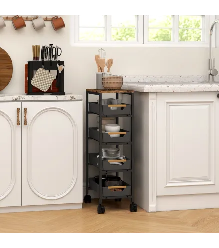 Carro de Cocina de 5 Niveles Carrito Auxiliar con Ruedas Tablero Efecto Madera Cajones Extraíbles 39,5x24x82 cm Negro