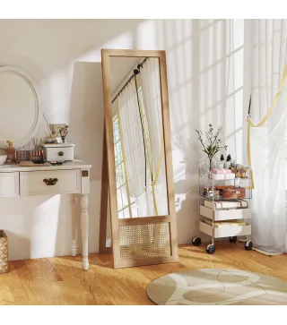 Espejo de Cuerpo Entero 160x50 cm con Marco de Madera y Soporte para Salón Dormitorio Natural