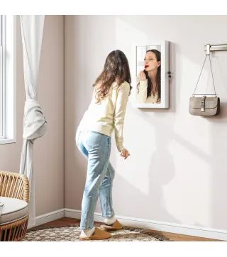 Espejo Joyero de Pared con Cerradura y Varios Compartimentos Montar en Pared o Puerta Blanco y Forro Crema