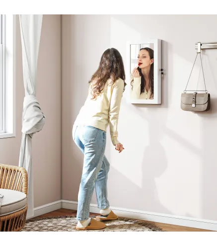 Espejo Joyero de Pared con Cerradura y Varios Compartimentos Montar en Pared o Puerta Blanco y Forro Crema