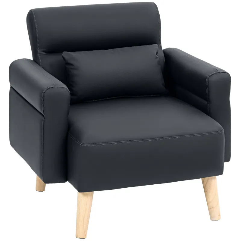 Sillón Tapizado en Cuero Sintético Respaldo con Costuras y Patas de Madera para Salón o Dormitorio 77x78x78 cm Negro