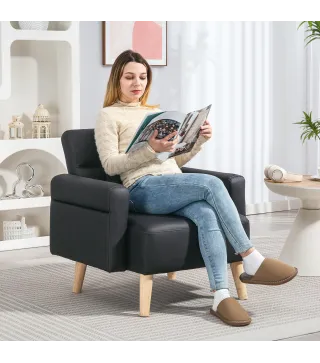 Sillón Tapizado en Cuero Sintético Respaldo con Costuras y Patas de Madera para Salón o Dormitorio 77x78x78 cm Negro