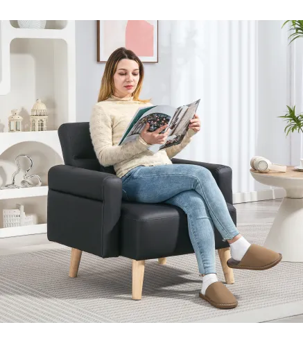 Sillón Tapizado en Cuero Sintético Respaldo con Costuras y Patas de Madera para Salón o Dormitorio 77x78x78 cm Negro