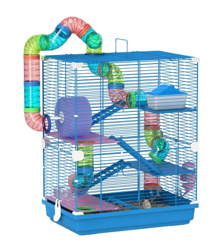 Jaula de Hámster con Túnel Plataformas Cuenco Bebedero Casita Rampas y Rueda de Ejercicio 46x30x58 cm Azul