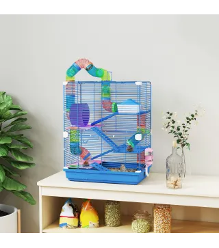 Jaula de Hámster con Túnel Plataformas Cuenco Bebedero Casita Rampas y Rueda de Ejercicio 46x30x58 cm Azul