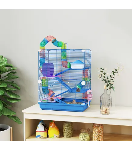 Jaula de Hámster con Túnel Plataformas Cuenco Bebedero Casita Rampas y Rueda de Ejercicio 46x30x58 cm Azul