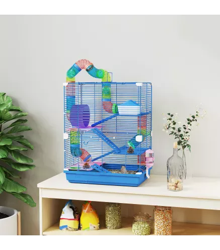 Jaula de Hámster con Túnel Plataformas Cuenco Bebedero Casita Rampas y Rueda de Ejercicio 46x30x58 cm Azul