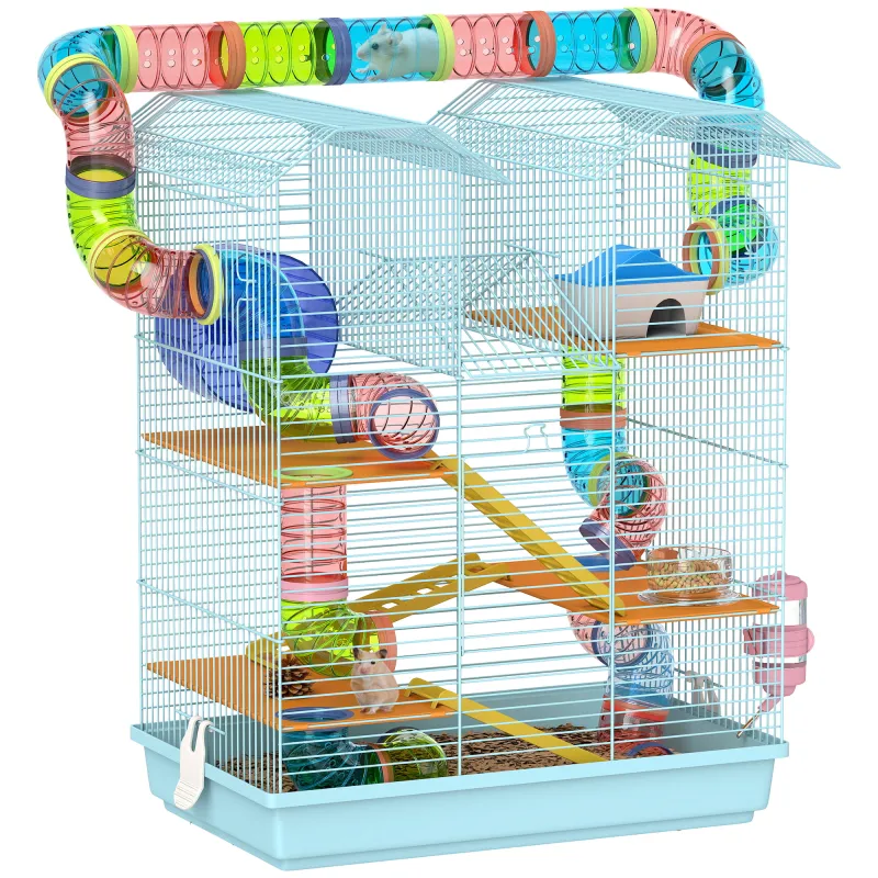 Jaula para Hámster de Múltiples Niveles con Tubos Plataformas Comedero Bebedero Casita Rueda Escaleras 47x30x59 cm Azul Jaula para Hámster de Múltiples Niveles con Tubos Plataformas Comedero Bebedero Casita Rueda Escaleras 47x30x59 cm Azul