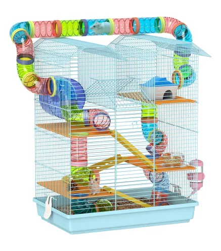 Jaula para Hámster de Múltiples Niveles con Tubos Plataformas Comedero Bebedero Casita Rueda Escaleras 47x30x59 cm Azul