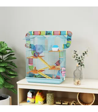 Jaula para Hámster de Múltiples Niveles con Tubos Plataformas Comedero Bebedero Casita Rueda Escaleras 47x30x59 cm Azul
