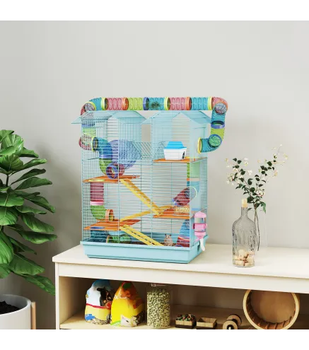Jaula para Hámster de Múltiples Niveles con Tubos Plataformas Comedero Bebedero Casita Rueda Escaleras 47x30x59 cm Azul
