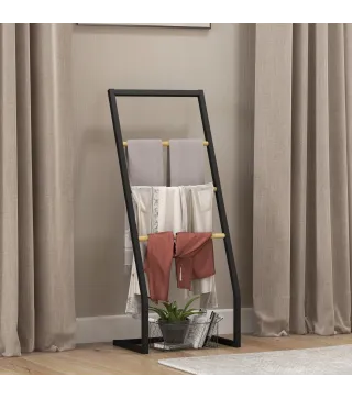 Toallero de Pie con 4 Barras de Bambú y Acero para Baño Lavadero 40,5x28x98 cm Negro y Natural