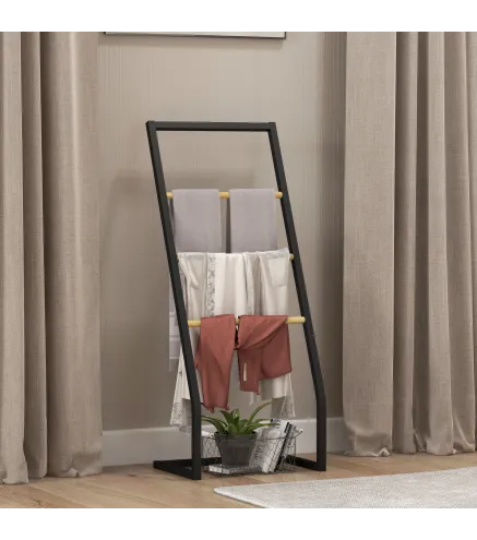 Toallero de Pie con 4 Barras de Bambú y Acero para Baño Lavadero 40,5x28x98 cm Negro y Natural