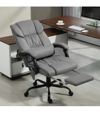 Silla de Oficina con Masaje de 6 Puntos Respaldo Alto Reclinable Altura Ajustable Reposapiés y Mando a Distancia Gris