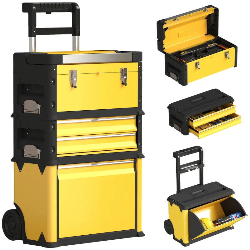 Caja de Herramientas con Ruedas Apilable Carro de Herramientas de Acero con Bandeja Mango Telescópico Amarillo y Negro