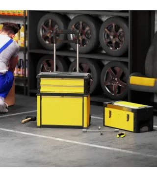 Caja de Herramientas con Ruedas Apilable Carro de Herramientas de Acero con Bandeja Mango Telescópico Amarillo y Negro