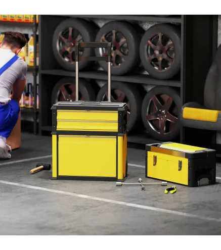 Caja de Herramientas con Ruedas Apilable Carro de Herramientas de Acero con Bandeja Mango Telescópico Amarillo y Negro