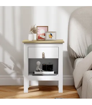 Mesilla de Noche con 1 Cajón Compartimento Abierto Tirador de PU Mesa Auxiliar para Salón Dormitorio 45x40x55 cm Blanco