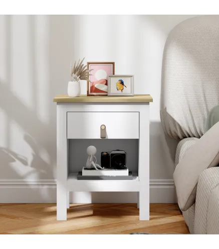 Mesilla de Noche con 1 Cajón Compartimento Abierto Tirador de PU Mesa Auxiliar para Salón Dormitorio 45x40x55 cm Blanco