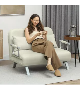 Sofá Cama de 2 Plazas con Respaldo Ajustable en 5 Posiciones Tapizado con Tacto de Ante y Cojines 111x80x78 cm Crema