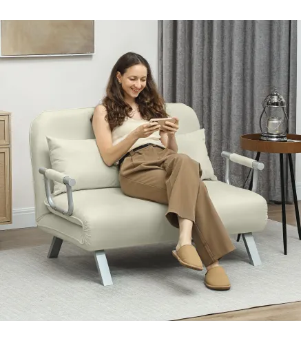 Sofá Cama de 2 Plazas con Respaldo Ajustable en 5 Posiciones Tapizado con Tacto de Ante y Cojines 111x80x78 cm Crema