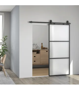 Puerta Corredera de Cristal con Herrajes Mecanismo Cierre Suave para Baño Salón 91,4x203,2 cm Negro