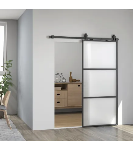Puerta Corredera de Cristal con Herrajes Mecanismo Cierre Suave para Baño Salón 91,4x203,2 cm Negro