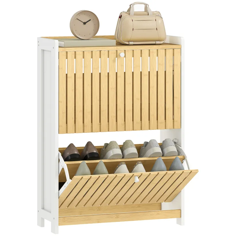 Zapatero Estrecho con 2 Puertas de Bambú con Listones Estantes Ajustables para 12 Pares de Zapatos Blanco y Natural