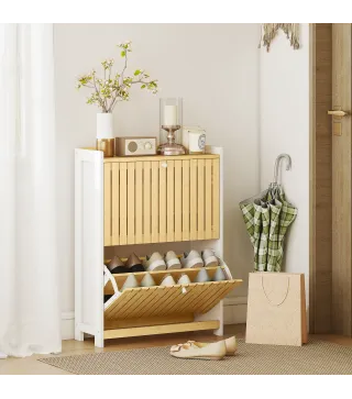 Zapatero Estrecho con 2 Puertas de Bambú con Listones Estantes Ajustables para 12 Pares de Zapatos Blanco y Natural