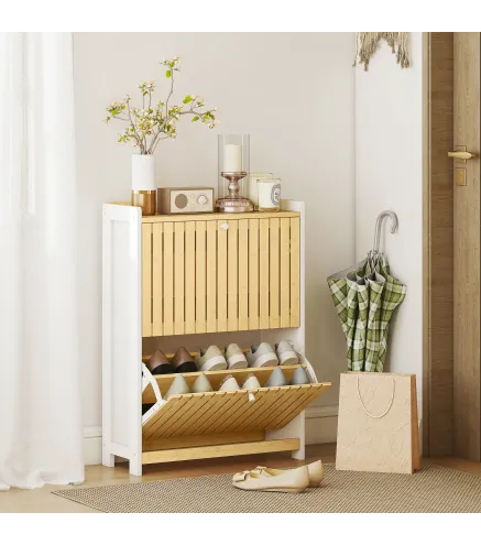 Zapatero Estrecho con 2 Puertas de Bambú con Listones Estantes Ajustables para 12 Pares de Zapatos Blanco y Natural