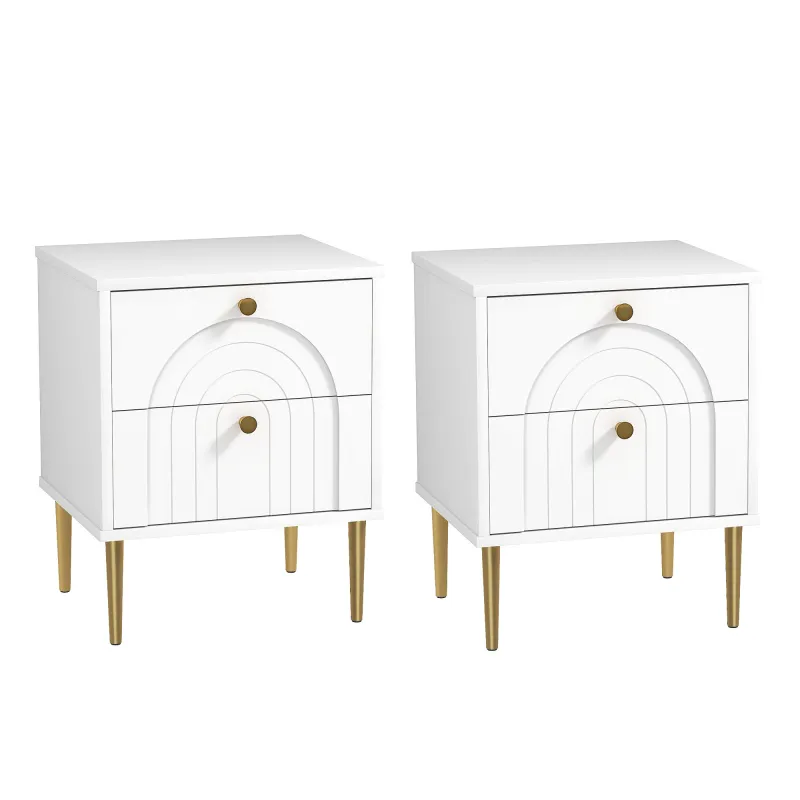 Pack de 2 Mesillas de Noche Dormitorio con 2 Cajones y Patas de Acero Estilo Moderno 40x35x50 cm Blanco