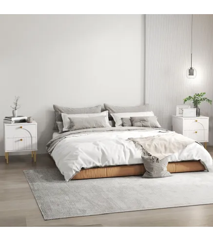 Pack de 2 Mesillas de Noche Dormitorio con 2 Cajones y Patas de Acero Estilo Moderno 40x35x50 cm Blanco