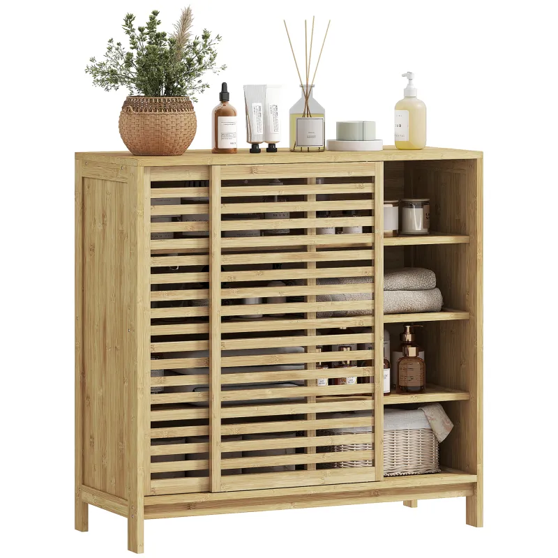 Armario de Baño de Bambú con 2 Puertas Correderas Diseño de Lamas 4 Estantes Mueble Auxiliar de Baño 80x34x80 cm Natural