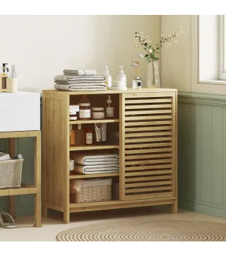 Armario de Baño de Bambú con 2 Puertas Correderas Diseño de Lamas 4 Estantes Mueble Auxiliar de Baño 80x34x80 cm Natural