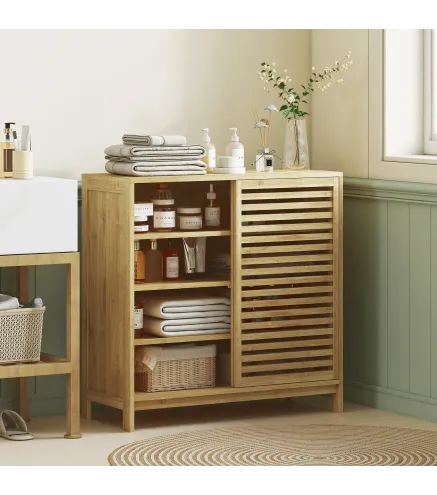 Armario de Baño de Bambú con 2 Puertas Correderas Diseño de Lamas 4 Estantes Mueble Auxiliar de Baño 80x34x80 cm Natural