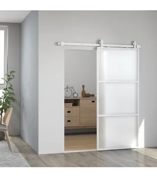 Puerta Corredera de Cristal con Herrajes Mecanismo Cierre Suave para Baño Salón 91,4x203,2 cm Blanco