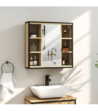 Armario de Baño con Espejo Estante Ajustable y 6 Compartimentos Abiertos 60x16x58,5 cm Roble