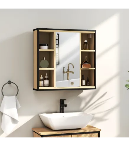 Armario de Baño con Espejo Estante Ajustable y 6 Compartimentos Abiertos 60x16x58,5 cm Roble