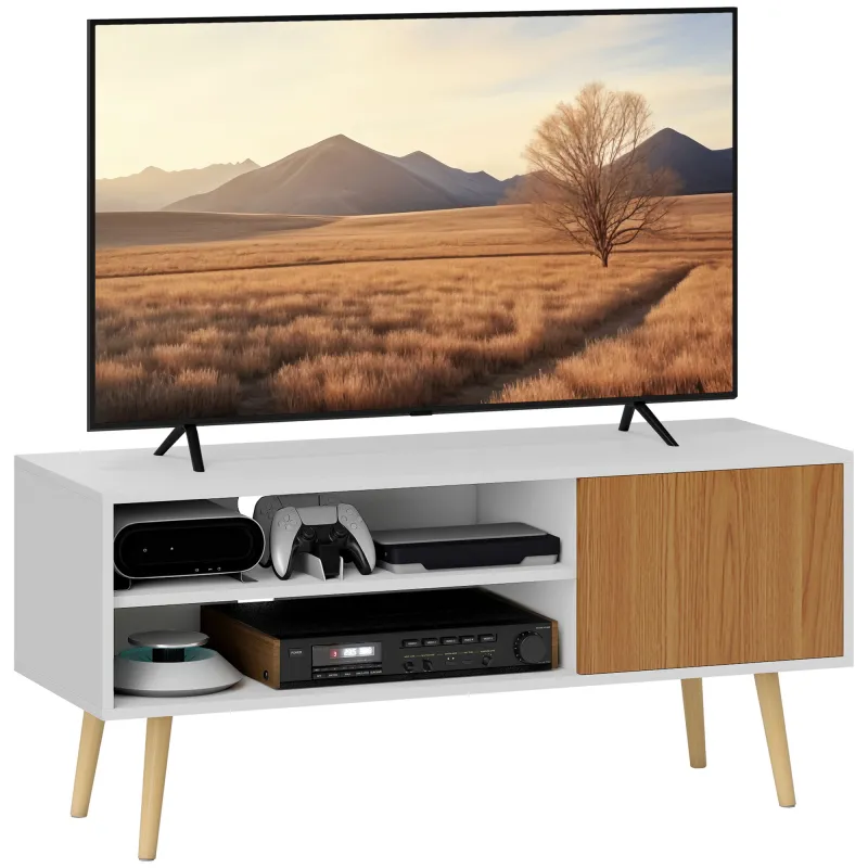 Mueble de TV con 2 Compartimentos Orificio para Cables para Televisión de 55 Pulgadas 110x40x50 cm Blanco y Natural