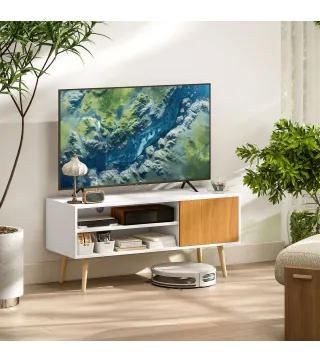 Mueble de TV con 2 Compartimentos Orificio para Cables para Televisión de 55 Pulgadas 110x40x50 cm Blanco y Natural