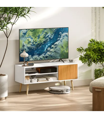 Mueble de TV con 2 Compartimentos Orificio para Cables para Televisión de 55 Pulgadas 110x40x50 cm Blanco y Natural