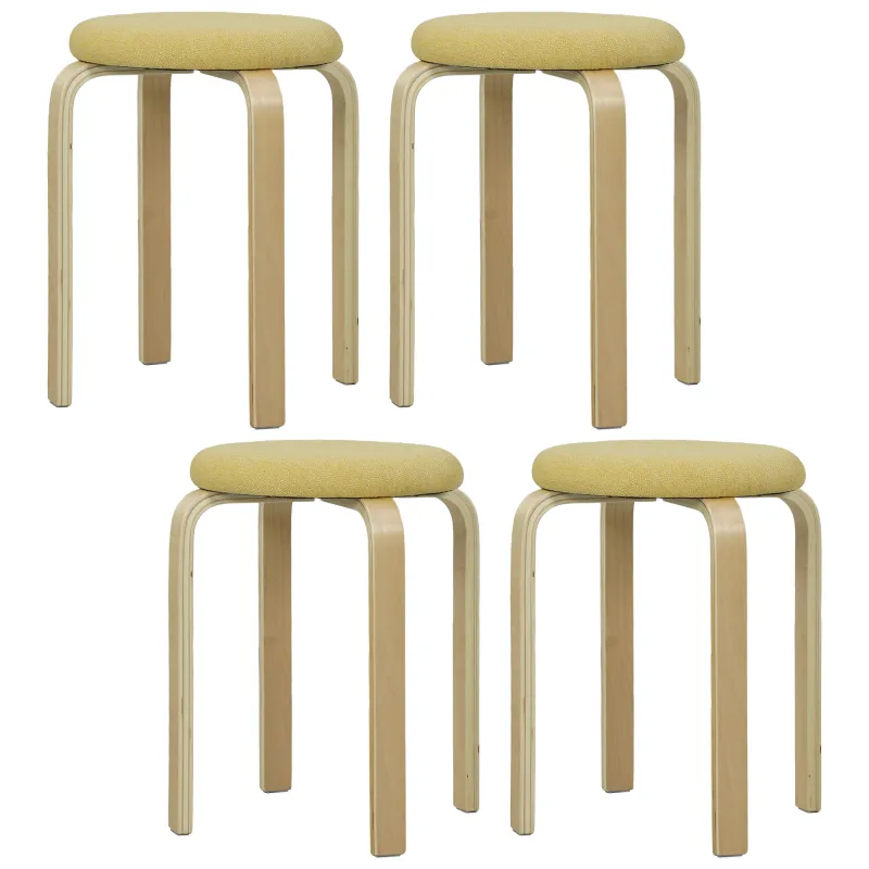 Juego de 4 Taburetes Redondos de Madera Apilables con Asiento Acolchado para Cocina Comedor Dormitorio Amarillo