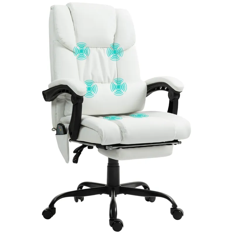 Silla de Oficina con Masaje de 6 Puntos Respaldo Alto Reclinable Altura Ajustable Reposapiés y Mando a Distancia Blanco