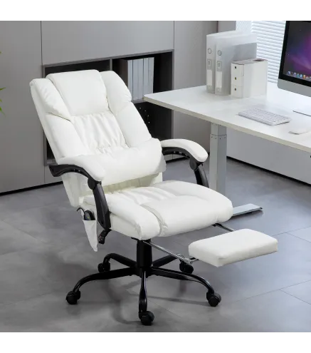 Silla de Oficina con Masaje de 6 Puntos Respaldo Alto Reclinable Altura Ajustable Reposapiés y Mando a Distancia Blanco