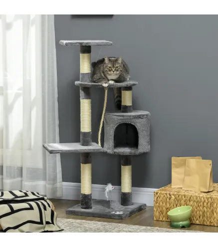 Rascador para Gatos Altura 116 cm Árbol para Gatos con Postes de Sisal Cueva Plataformas y Juguetes Gris Oscuro